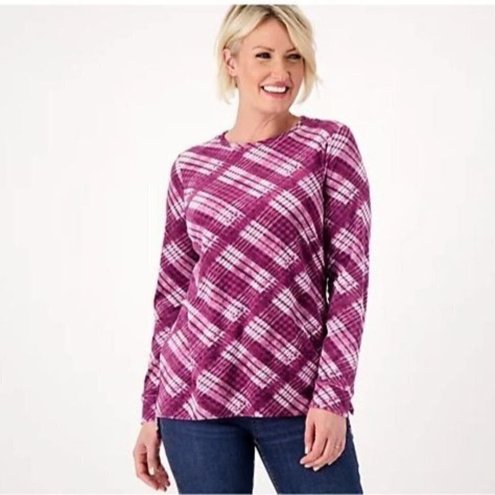 Denim & Co. Velour Top 2xp Plum Check Pullover Long Sleeve — image 3 of 8